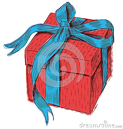 Vector drawing of single red gift box tied blue ribbon with elegant bow, illustration isolated on white Vector Illustration