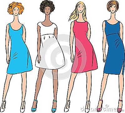 Vector image of sketches fashionable slim women in various summer dresses Vector Illustration