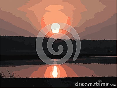 Vector Drawing of sunset over tree line and river with reflections Vector Illustration