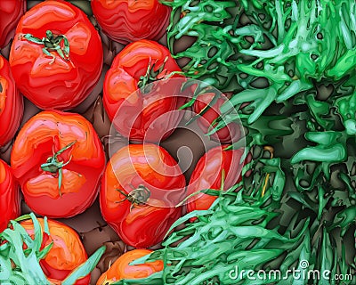 Vector drawing tomatoes and greens. Stock Photo