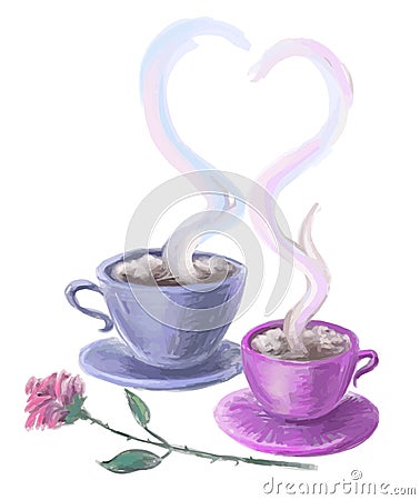 Vector drawing of two cups with hot coffee and rose flower Vector Illustration