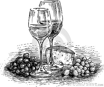 Glasses, cheese and grape Vector Illustration