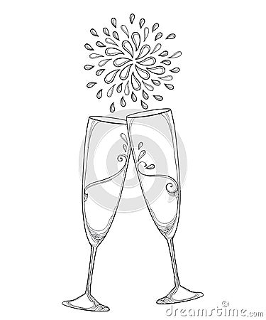 Vector drawing with two outline toasting champagne glasses or flute in black isolated on white background. Glass for winery. Vector Illustration