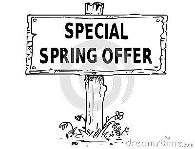 Wooden Sign Board Drawing with Special Spring Offer Text Vector Illustration