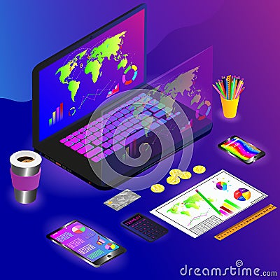 Vector drawing of the workspace with different gadgets and drawing with infographic on a colored background Vector Illustration