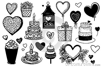 Vector with drawings for valentine's day. sketch set hand drawn design elements for valentines, Vector Illustration