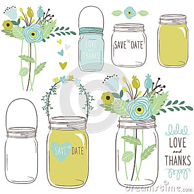 Vector drawings of wedding jars and flowers Vector Illustration