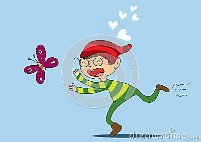 Funny cartoon boy in glasses catches up with a butterfly and laughs. Vector illustration Vector Illustration
