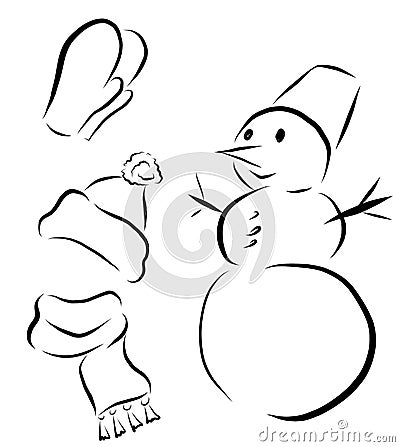 Vector drawn elements on winter theme. Snowman, scarf, hat, mittens. Stock Photo