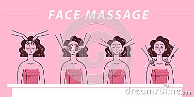 Vector and drawn illustration of face massage and skin care instruction steps with portrait of young beautiful fashion lady isola Vector Illustration