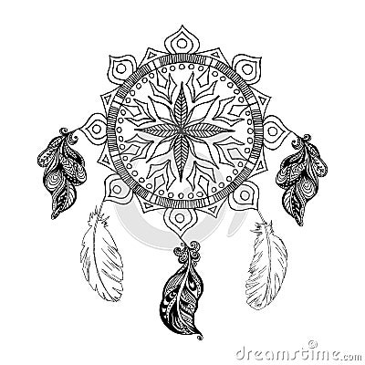 Vector dreams catcher and feathers. Mandala. Boho style. Vector Illustration