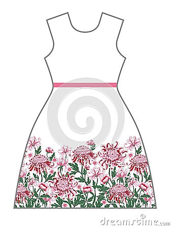 Vector dress design with chrysanthemum and peony. Vector Illustration