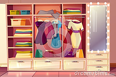 Vector dressing room with wardrobe, illuminated mirror Vector Illustration