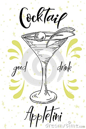 Vector dring poster. Cocktail Appletini for restaurant and cafe. Hand drawn illustration Vector Illustration
