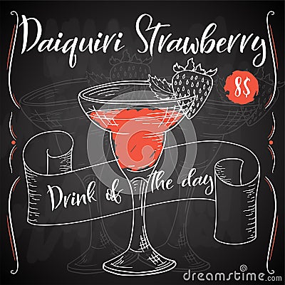 Vector dring poster. Cocktail Daiquiri Strawberry for restaurant and cafe. Hand drawn illustration Vector Illustration