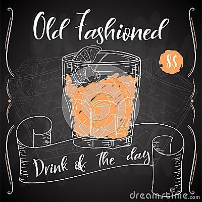 Vector dring poster. Cocktail Old Fashioned for restaurant and cafe. Hand drawn illustration Vector Illustration