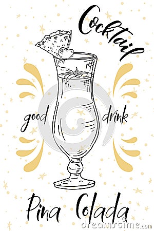 Vector dring poster. Cocktail Pina Colada for restaurant and cafe. Hand drawn illustration Vector Illustration
