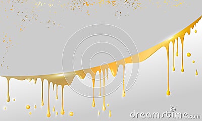 Vector drops and smudges of liquid gold, paint or honey in the horizontal light grey golden textured background Vector Illustration