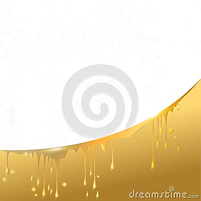 Vector drops and smudges of liquid gold, paint or honey in the white textured square background Vector Illustration