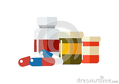 Vector drugs icon, pills, capsules ans prescription bottles. Vector Illustration