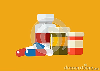 Vector drugs icon, pills, capsules ans prescription bottles. Vector Illustration
