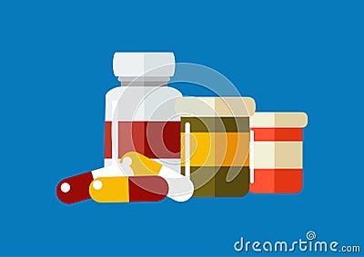 Vector drugs icon, pills, capsules ans prescription bottles. Vector Illustration