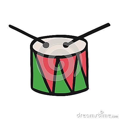 Vector drum icon in hand drawn style. Musical colorful symbol. Isolated illustration on white background. Design for print. Vector Illustration