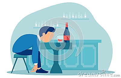 Vector of a drunk man sitting sleeping at the table with a bottle of wine inside the pub Vector Illustration