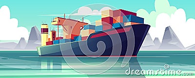 Vector dry-cargo ship at sea, loaded boat Vector Illustration