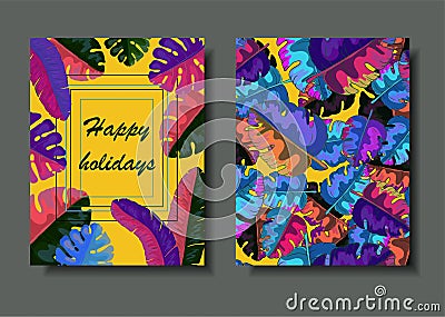 Vector dual postcard template with neon palm leaves and tropical plants Vector Illustration