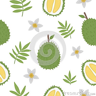 Vector durian seamless pattern. Jungle fruit repeat background. Hand drawn flat exotic texture. Bright childish healthy tropical Vector Illustration