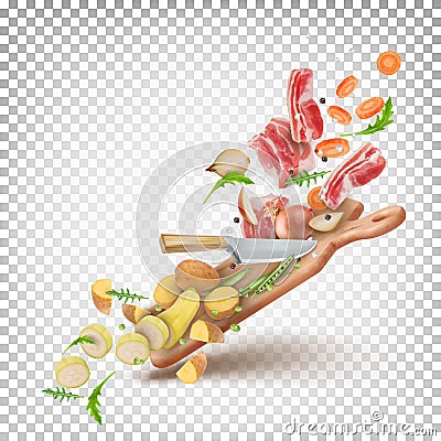 Vector dynamic 3d illustration of a composition of pork bacon, onions, carrots, spools, zucchini, arugula, peas, peppers Cartoon Illustration