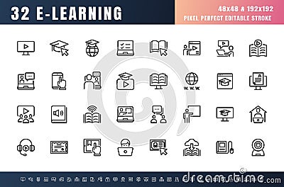 Vector of 32 E-Learning Online Education Line Outline Icon Set. 48x48 Pixel Perfect Editable Stroke Vector Illustration