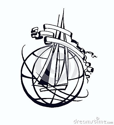 Vector Earth Globe Illustration with Ship. Vector Illustration