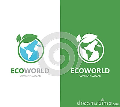 Vector of a earth and leaf logo combination. Planet and eco symbol or icon. Unique global and natural, organic logotype Vector Illustration