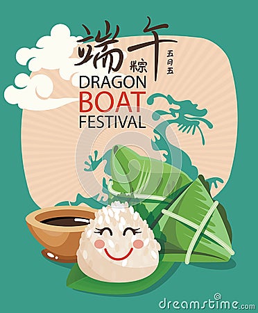 Vector East Asia dragon boat festival. Chinese text means Dragon Boat Festival in summer. Chinese rice dumplings cartoon character Vector Illustration