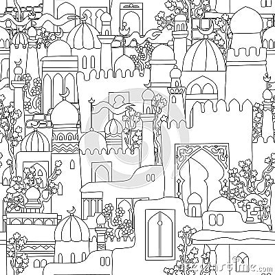 Vector east cartoon buildings seamless pattern Vector Illustration