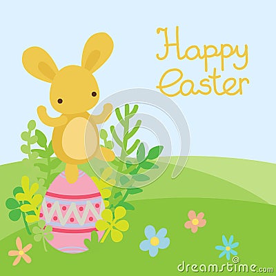 Vector easter bunny and egg in field. Vector Illustration