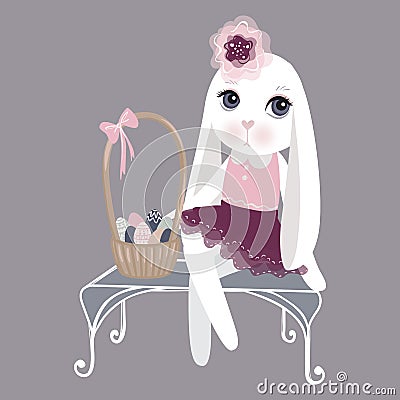 Vector Easter bunny with eggs. Funny fashion rabbit. Happy Easte Vector Illustration