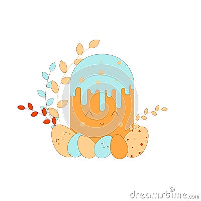 Vector Easter character-cake or Easter bread. Easter eggs, spring flowers on a white isolated background Vector Illustration