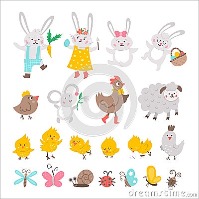 Vector Easter characters set. Spring birds and insects collection. Cute animal icons pack for kids. Funny bunny family, chicks, Vector Illustration