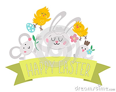 Vector Easter composition with text, eggs, Bunny, mouse, chicks, bird. Funny spring background design for banners, posters, Vector Illustration