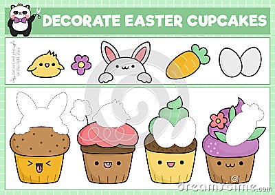 Vector Easter cut and glue activity. Crafting game with cute kawaii cup cakes. Fun spring holiday printable worksheet. Find the Vector Illustration