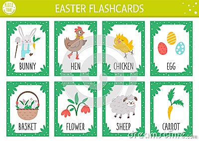 Vector Easter flash cards set. English language game with cute bunny, hen, chicken, Easter eggs for kids. Spring holiday Vector Illustration