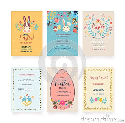 Vector Easter invitations and greeting cards with eggs, flowers, rabbit Vector Illustration