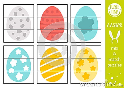 Vector Easter mix and match puzzle with traditional holiday symbols. Spring cut out matching activity for preschool children. Vector Illustration