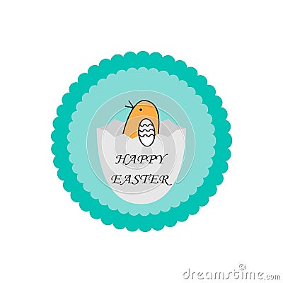 Vector Easter Party Flyer, card Illustration with egg, chik and congraduation on nature blue background Stock Photo