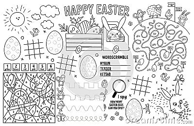 Vector Easter placemat for kids. Spring holiday printable activity mat with maze, tic tac toe charts, connect the dots, find Vector Illustration