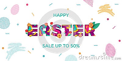 Vector Easter sale banner of paper cut text lettering with spring cherry and tulip flowers. Papercut Easter poster with modern col Vector Illustration