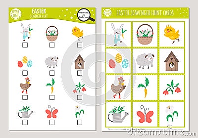 Vector Easter scavenger hunt cards set. Seek and find game with cute bunny, hen, chicken, Easter eggs for kids. Spring holiday Vector Illustration